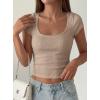 image:imagePRETTYGARDEN Womens Short Sleeve Tops 2026 Summer Lace Trim Square Neck Slim Fitted Going Out Basic Tee Shirts Y2K ClothesKhaki