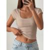 image:imagePRETTYGARDEN Womens Short Sleeve Tops 2026 Summer Lace Trim Square Neck Slim Fitted Going Out Basic Tee Shirts Y2K ClothesKhaki