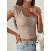 image:imagePRETTYGARDEN Womens Short Sleeve Tops 2026 Summer Lace Trim Square Neck Slim Fitted Going Out Basic Tee Shirts Y2K ClothesKhaki