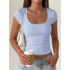 image:imagePRETTYGARDEN Womens Short Sleeve Tops 2026 Summer Lace Trim Square Neck Slim Fitted Going Out Basic Tee Shirts Y2K ClothesLight Blue