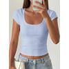 image:imagePRETTYGARDEN Womens Short Sleeve Tops 2026 Summer Lace Trim Square Neck Slim Fitted Going Out Basic Tee Shirts Y2K ClothesLight Blue
