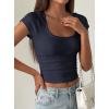image:imagePRETTYGARDEN Womens Short Sleeve Tops 2026 Summer Lace Trim Square Neck Slim Fitted Going Out Basic Tee Shirts Y2K ClothesNavy Blue