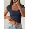 image:imagePRETTYGARDEN Womens Short Sleeve Tops 2026 Summer Lace Trim Square Neck Slim Fitted Going Out Basic Tee Shirts Y2K ClothesNavy Blue