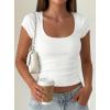 image:imagePRETTYGARDEN Womens Short Sleeve Tops 2026 Summer Lace Trim Square Neck Slim Fitted Going Out Basic Tee Shirts Y2K ClothesWhite