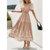 image:imagePRETTYGARDEN Womens Summer Boho Maxi Dress 2026 Spring Floral Short Sleeve V Neck A Line Flowy Beach Wedding Guest DressesKhaki