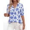 image:imagePRETTYGARDEN Womens Summer Boho Tops 2026 Vacation Outfits Casual Tie Front V Neck Peasant Blouses Puff Short Sleeve ShirtsFloral White Blue
