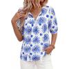 image:imagePRETTYGARDEN Womens Summer Boho Tops 2026 Vacation Outfits Casual Tie Front V Neck Peasant Blouses Puff Short Sleeve ShirtsFloral White Blue
