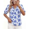 image:imagePRETTYGARDEN Womens Summer Boho Tops 2026 Vacation Outfits Casual Tie Front V Neck Peasant Blouses Puff Short Sleeve ShirtsFloral White Blue