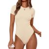 image:imagePRETTYGARDEN Body Suits for Womens Summer Tops 2026 Casual Short Sleeve Ribbed Fitted Basic Tee Shirts Spring Fashion ClothesBeige