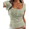 image:imagePRETTYGARDEN Summer Tops for Women 2026 Short Sleeve Lace Trim Slim Fitted Henley Tee Shirts Y2K Fashion ClothingSage Green