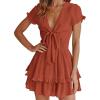image:imagePRETTYGARDEN Women Summer Short Dress 2026 Casual V Neck Short Sleeve Tiered Bow Mini Sun Dresses Beach Vacation SundressRust Red