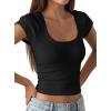 image:imagePRETTYGARDEN Womens Short Sleeve Tops 2026 Summer Lace Trim Square Neck Slim Fitted Going Out Basic Tee Shirts Y2K ClothesBlack