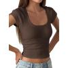 image:imagePRETTYGARDEN Womens Short Sleeve Tops 2026 Summer Lace Trim Square Neck Slim Fitted Going Out Basic Tee Shirts Y2K ClothesBrown
