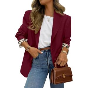image:imagePRETTYGARDEN Blazers for Women 2026 Fall Work Office Suit Jackets Dressy Open Front Leopard Blazer Business Casual OutfitsBurgundy