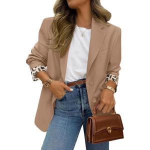 image:imagePRETTYGARDEN Blazers for Women 2026 Fall Work Office Suit Jackets Dressy Open Front Leopard Blazer Business Casual OutfitsKhaki