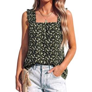 image:imagePRETTYGARDEN Boho Floral Tank Tops for Women Shirred Straps Pleated Summer Casual Sleeveless Shirts Tops Beach BlousesBlack Yellow Floral
