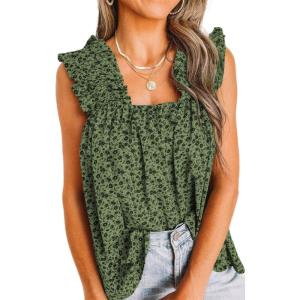 image:imagePRETTYGARDEN Boho Floral Tank Tops for Women Shirred Straps Pleated Summer Casual Sleeveless Shirts Tops Beach BlousesGreen