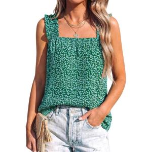 image:imagePRETTYGARDEN Boho Floral Tank Tops for Women Shirred Straps Pleated Summer Casual Sleeveless Shirts Tops Beach BlousesGreen Blue Floral