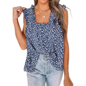 image:imagePRETTYGARDEN Boho Floral Tank Tops for Women Shirred Straps Pleated Summer Casual Sleeveless Shirts Tops Beach BlousesLight Blue