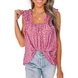 image:imagePRETTYGARDEN Boho Floral Tank Tops for Women Shirred Straps Pleated Summer Casual Sleeveless Shirts Tops Beach BlousesRed