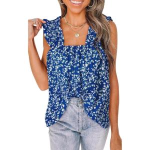 image:imagePRETTYGARDEN Boho Floral Tank Tops for Women Shirred Straps Pleated Summer Casual Sleeveless Shirts Tops Beach BlousesRoyal Blue