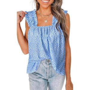 image:imagePRETTYGARDEN Boho Floral Tank Tops for Women Shirred Straps Pleated Summer Casual Sleeveless Shirts Tops Beach BlousesSky Blue White Flower