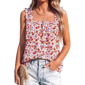 image:imagePRETTYGARDEN Boho Floral Tank Tops for Women Shirred Straps Pleated Summer Casual Sleeveless Shirts Tops Beach BlousesWhite Red Floral