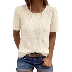 image:imagePRETTYGARDEN Embroidered Eyelet Tops for Women Summer Blouses Dressy Casual 2026 Spring Work Teacher Puff Short Sleeve ShirtsApricot