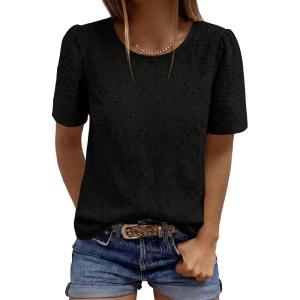 image:imagePRETTYGARDEN Embroidered Eyelet Tops for Women Summer Blouses Dressy Casual 2026 Spring Work Teacher Puff Short Sleeve ShirtsBlack
