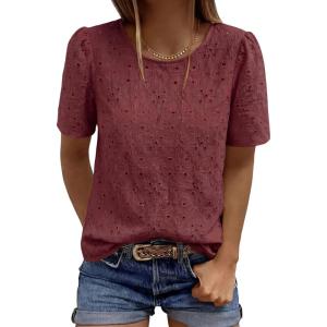 image:imagePRETTYGARDEN Embroidered Eyelet Tops for Women Summer Blouses Dressy Casual 2026 Spring Work Teacher Puff Short Sleeve ShirtsBrown Red
