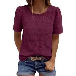 image:imagePRETTYGARDEN Embroidered Eyelet Tops for Women Summer Blouses Dressy Casual 2026 Spring Work Teacher Puff Short Sleeve ShirtsBurgundy