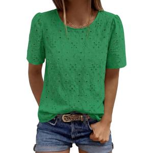 image:imagePRETTYGARDEN Embroidered Eyelet Tops for Women Summer Blouses Dressy Casual 2026 Spring Work Teacher Puff Short Sleeve ShirtsGreen