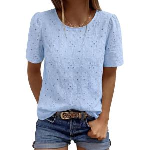 image:imagePRETTYGARDEN Embroidered Eyelet Tops for Women Summer Blouses Dressy Casual 2026 Spring Work Teacher Puff Short Sleeve ShirtsLight Blue