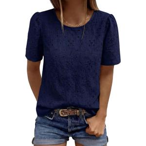 image:imagePRETTYGARDEN Embroidered Eyelet Tops for Women Summer Blouses Dressy Casual 2026 Spring Work Teacher Puff Short Sleeve ShirtsNavy Blue