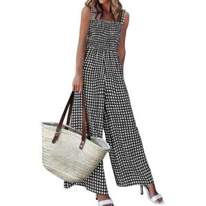 image:imagePRETTYGARDEN One Piece Jumpsuits for Women Casual Summer Cruise Outfits 2026 Spring Fashion Smocked Wide Leg Gingham RompersBlack