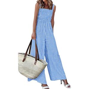 image:imagePRETTYGARDEN One Piece Jumpsuits for Women Casual Summer Cruise Outfits 2026 Spring Fashion Smocked Wide Leg Gingham RompersBlue