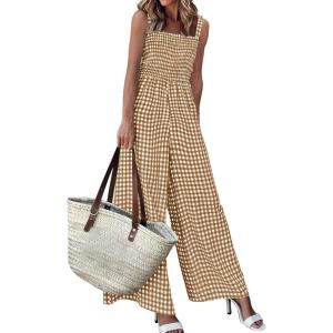 image:imagePRETTYGARDEN One Piece Jumpsuits for Women Casual Summer Cruise Outfits 2026 Spring Fashion Smocked Wide Leg Gingham RompersBrown