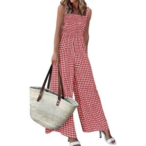 image:imagePRETTYGARDEN One Piece Jumpsuits for Women Casual Summer Cruise Outfits 2026 Spring Fashion Smocked Wide Leg Gingham RompersBurgundy
