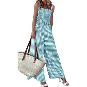 image:imagePRETTYGARDEN One Piece Jumpsuits for Women Casual Summer Cruise Outfits 2026 Spring Fashion Smocked Wide Leg Gingham RompersDusty Blue