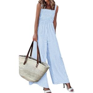 image:imagePRETTYGARDEN One Piece Jumpsuits for Women Casual Summer Cruise Outfits 2026 Spring Fashion Smocked Wide Leg Gingham RompersLight Blue