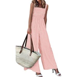 image:imagePRETTYGARDEN One Piece Jumpsuits for Women Casual Summer Cruise Outfits 2026 Spring Fashion Smocked Wide Leg Gingham RompersLight Pink