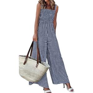 image:imagePRETTYGARDEN One Piece Jumpsuits for Women Casual Summer Cruise Outfits 2026 Spring Fashion Smocked Wide Leg Gingham RompersNavy Blue