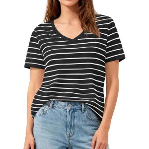 image:imagePRETTYGARDEN Short Sleeve Shirts for Women 2026 Spring V Neck Cute Tops Casual Striped Shirt Knitted Tees Summer OutfitsStriped Black White