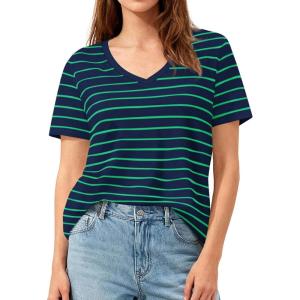 image:imagePRETTYGARDEN Short Sleeve Shirts for Women 2026 Spring V Neck Cute Tops Casual Striped Shirt Knitted Tees Summer OutfitsStriped Blue Green