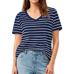 image:imagePRETTYGARDEN Short Sleeve Shirts for Women 2026 Spring V Neck Cute Tops Casual Striped Shirt Knitted Tees Summer OutfitsStriped Grey Blue White