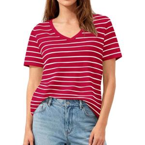 image:imagePRETTYGARDEN Short Sleeve Shirts for Women 2026 Spring V Neck Cute Tops Casual Striped Shirt Knitted Tees Summer OutfitsStriped Red White