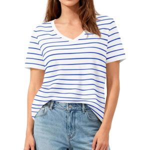 image:imagePRETTYGARDEN Short Sleeve Shirts for Women 2026 Spring V Neck Cute Tops Casual Striped Shirt Knitted Tees Summer OutfitsStriped White Blue