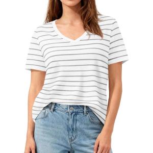 image:imagePRETTYGARDEN Short Sleeve Shirts for Women 2026 Spring V Neck Cute Tops Casual Striped Shirt Knitted Tees Summer OutfitsStriped White Grey