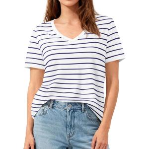 image:imagePRETTYGARDEN Short Sleeve Shirts for Women 2026 Spring V Neck Cute Tops Casual Striped Shirt Knitted Tees Summer OutfitsStriped White Navy