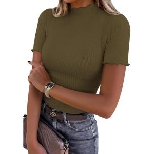 image:imagePRETTYGARDEN Short Sleeve T Shirts for Women Summer Clothes 2026 Casual Spring Tops Ruffle Mock Neck Ribbed Fitted Basic TeesArmy Green